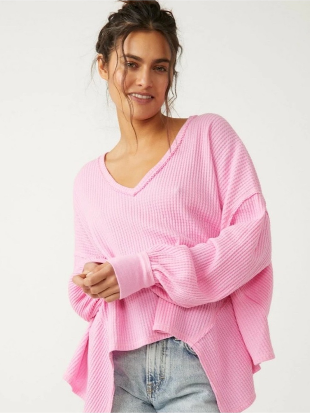 NWT We The Free Sugar Magnolia Pink Waffle V‑Neck Waffle Knit Sweater